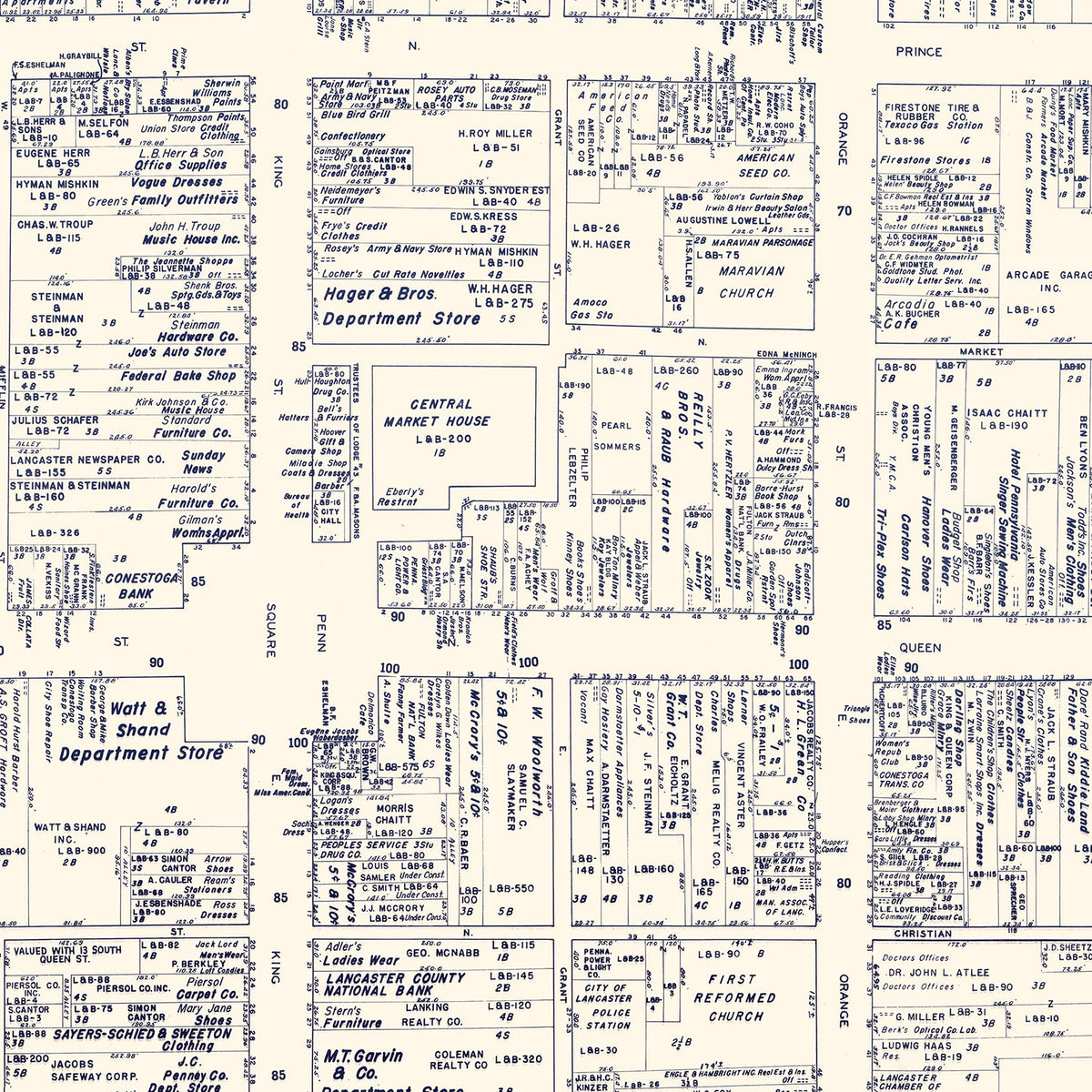 Restored historic details from the 1950 city map of Lancaster, Pennsylvania