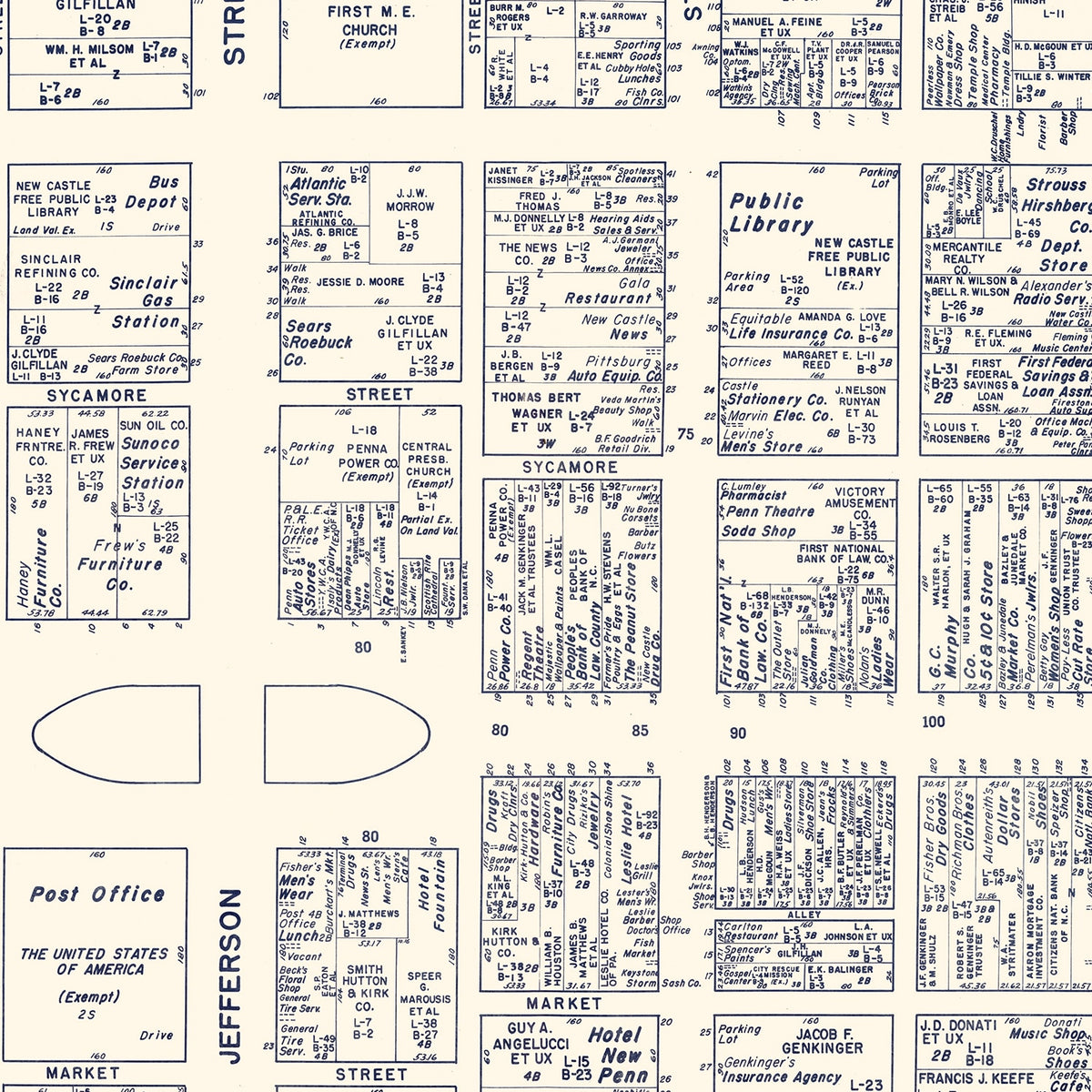 Restored historic details from the 1950 city map of New Castle, Pennsylvania