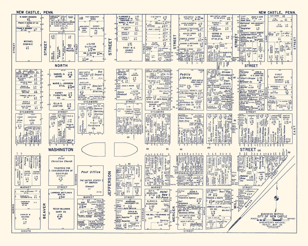Vintage Map of New Castle, PA Business Section 1950 print style example