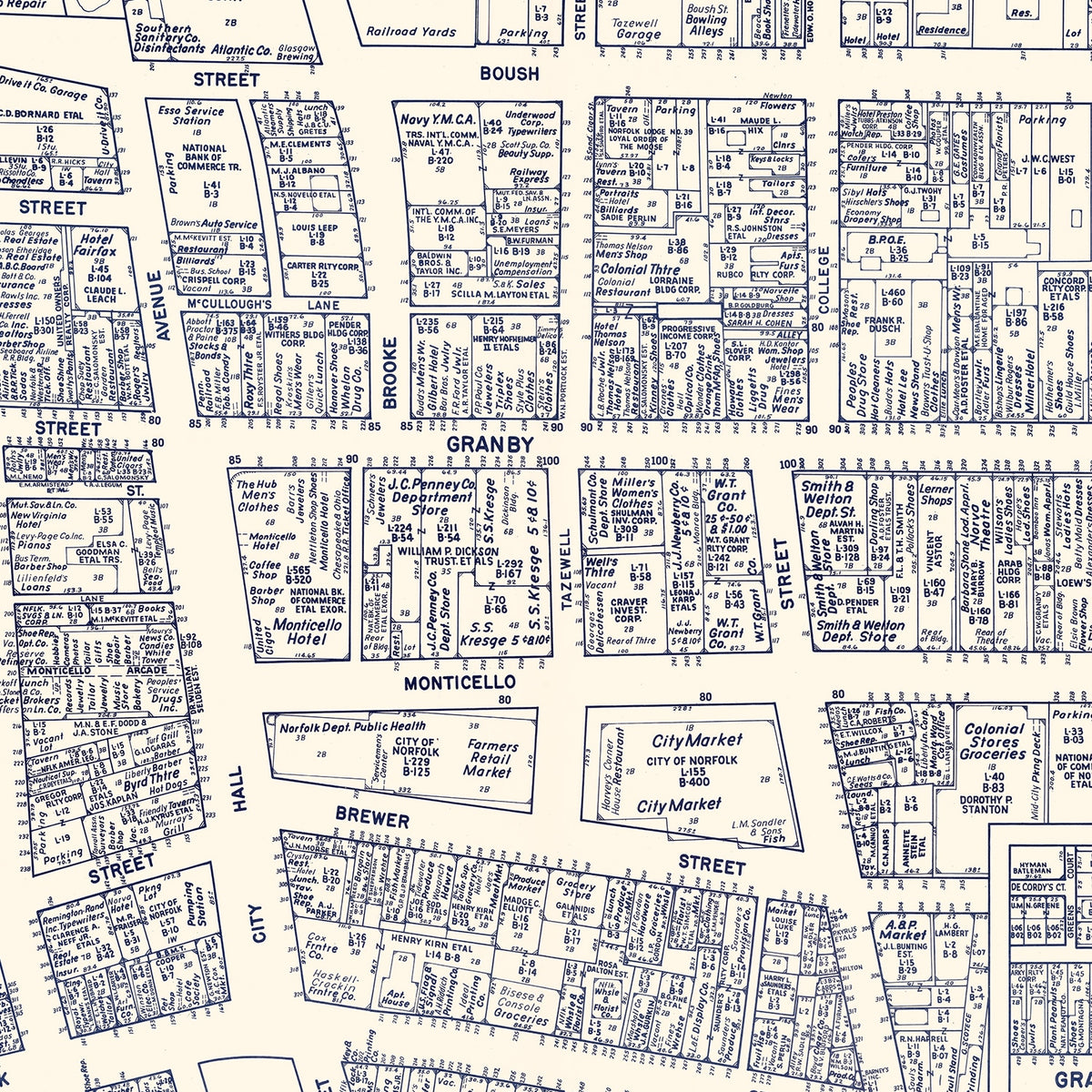 Restored historic details from the 1950 city map of Norfolk, Virginia