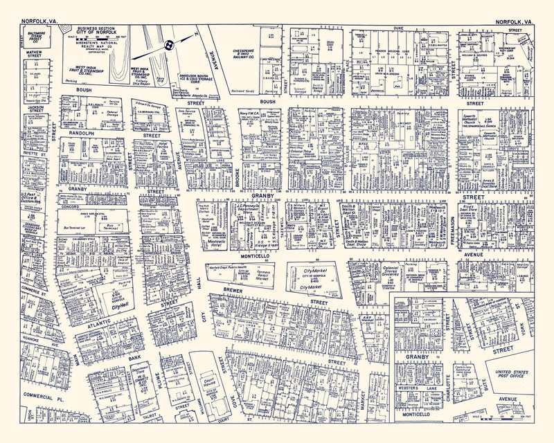 Size comparison using Vintage Map of Norfolk, VA Business Section 1950