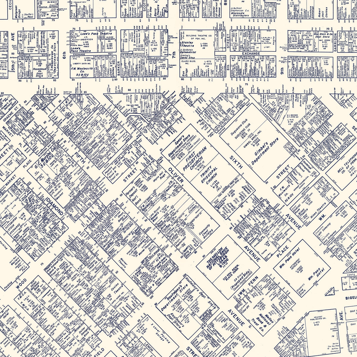 Restored historic details from the 1950 city map of Pittsburgh, Pennsylvania