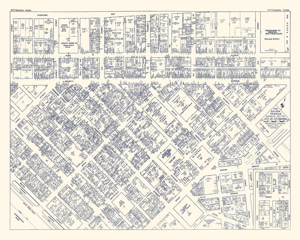 Vintage Map of Pittsburgh, PA Business Section 1950 print style example