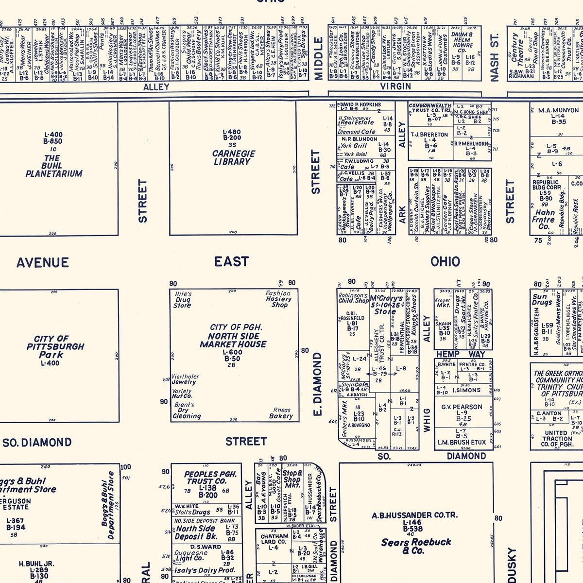 Restored historic details from the 1950 city map of North Pittsburgh, Pennsylvania