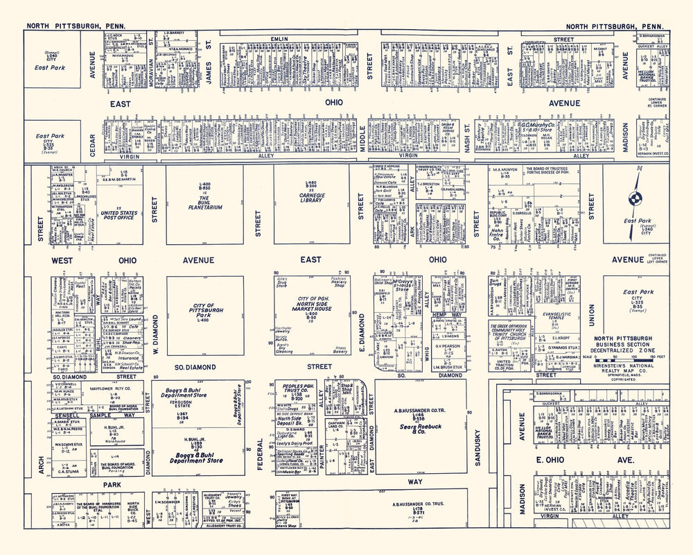 Vintage Map of North Pittsburgh, PA Business Section 1950 print style example