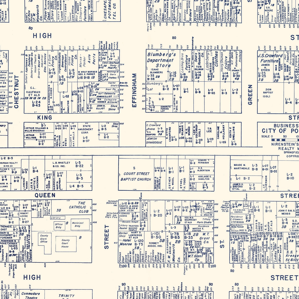 Restored historic details from the 1950 city map of Portsmouth, Virginia