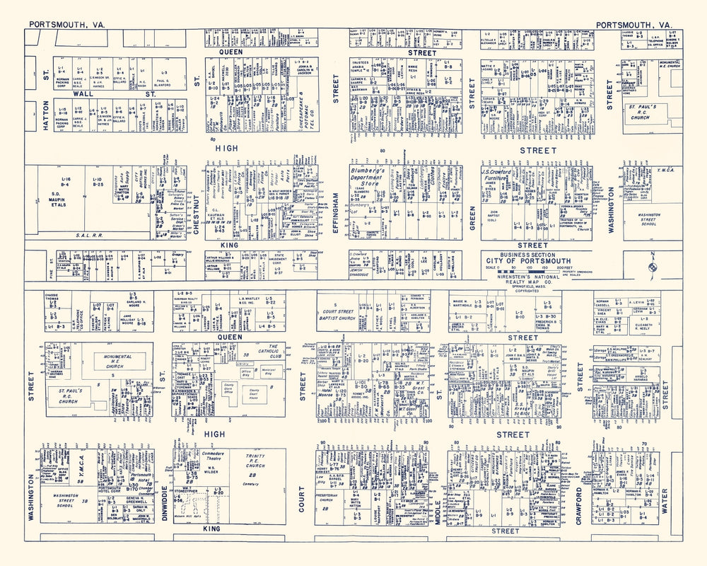 Vintage Map of Portsmouth, VA Business Section 1950 print style example