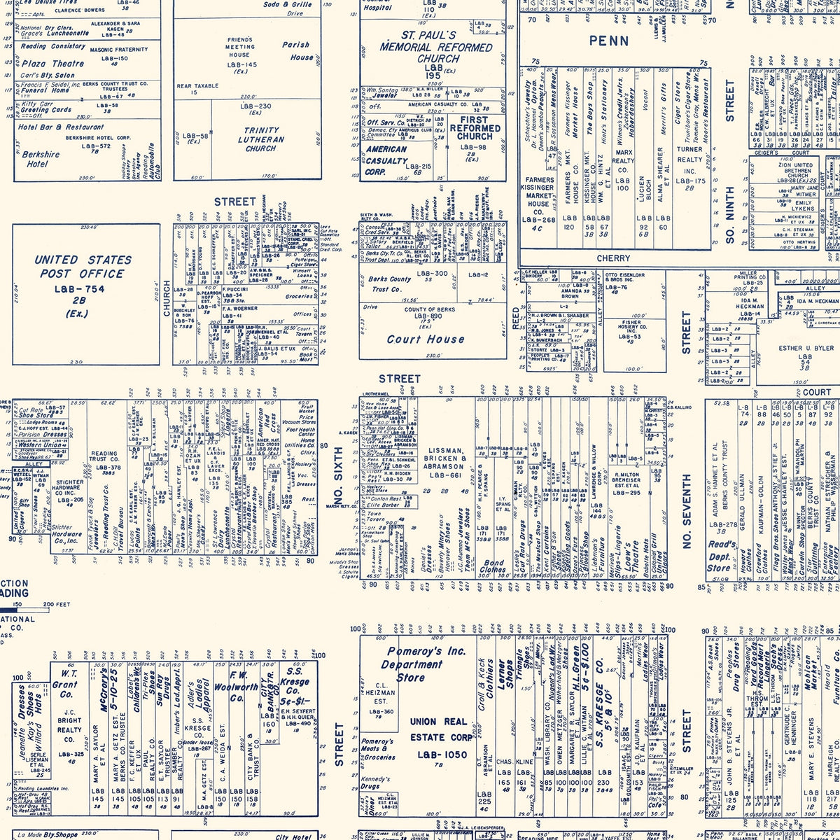 Restored historic details from the 1950 city map of Reading, Pennsylvania