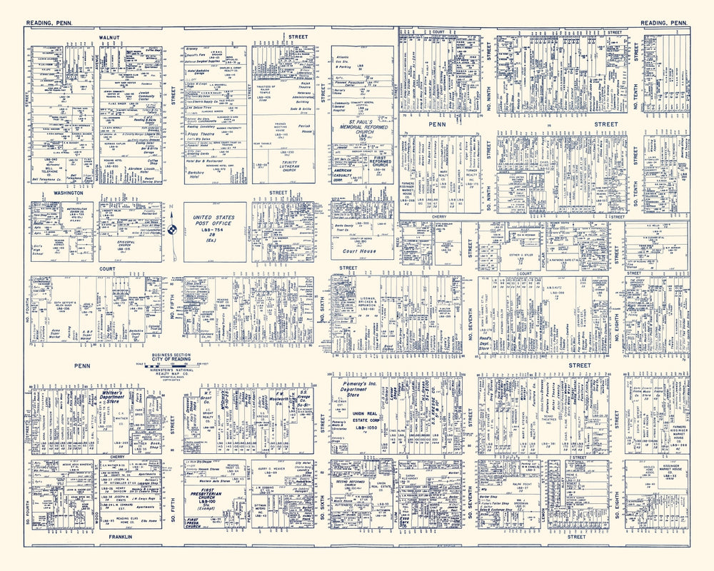 Vintage Map of Reading, PA Business Section 1950 print style example