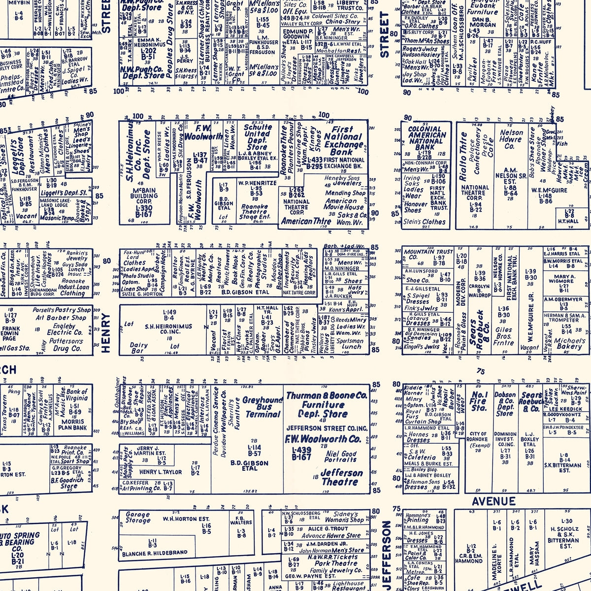 Restored historic details from the 1950 city map of Roanoke, Virginia