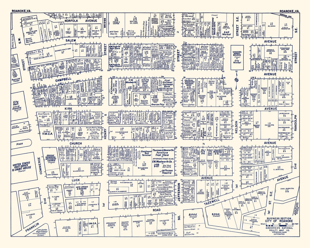 Vintage Map of Roanoke, VA Business Section 1950 print style example