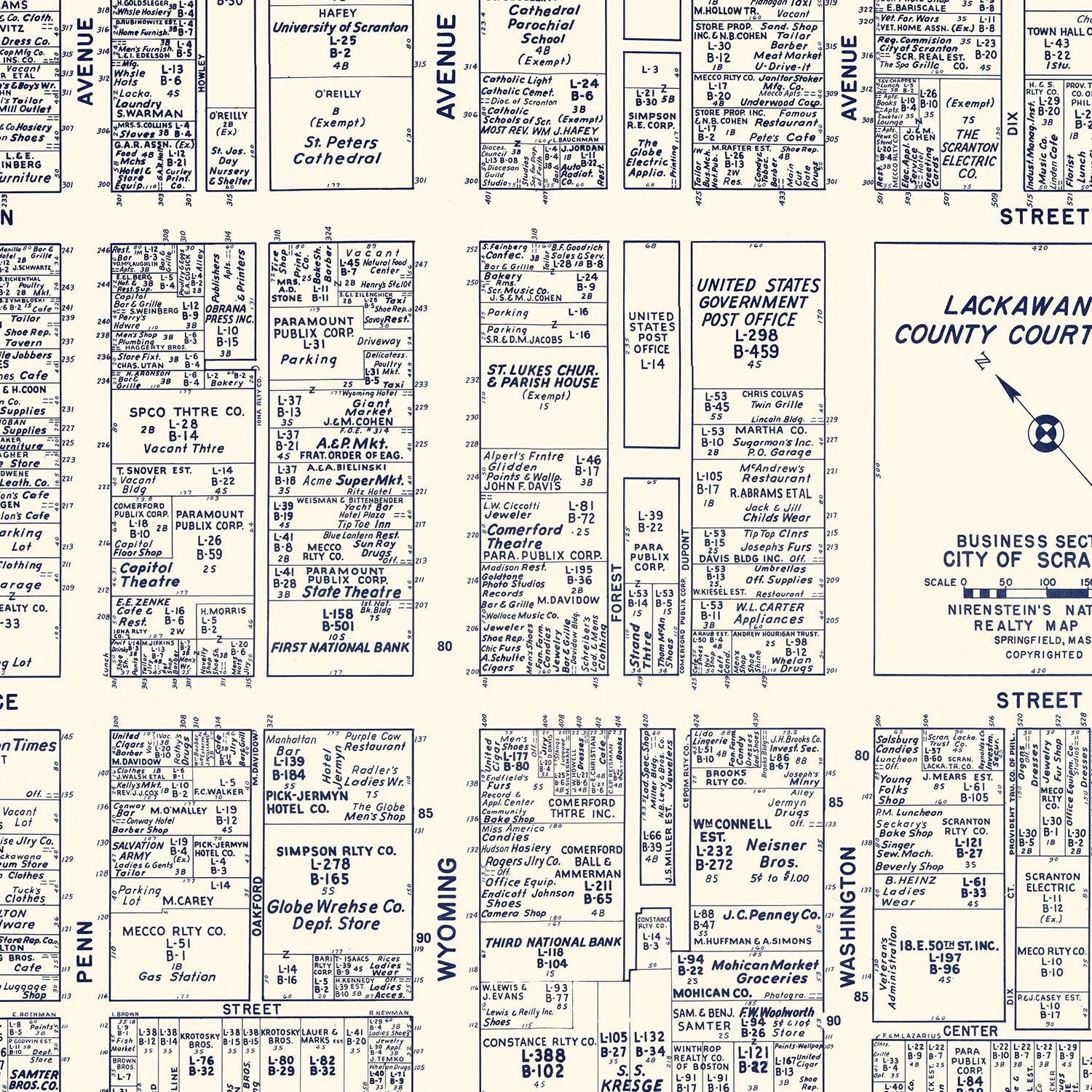 Restored historic details from the 1950 city map of Scranton, Pennsylvania