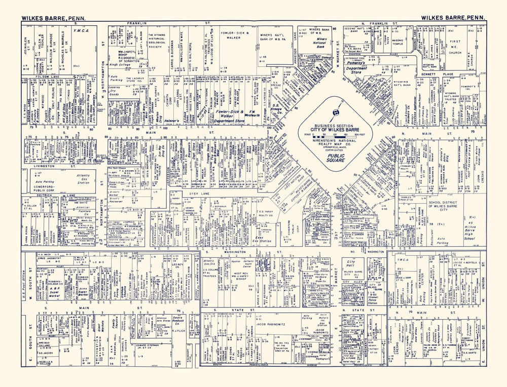 Vintage Map of Wilkes-Barre, PA Business Section 1950 print style example