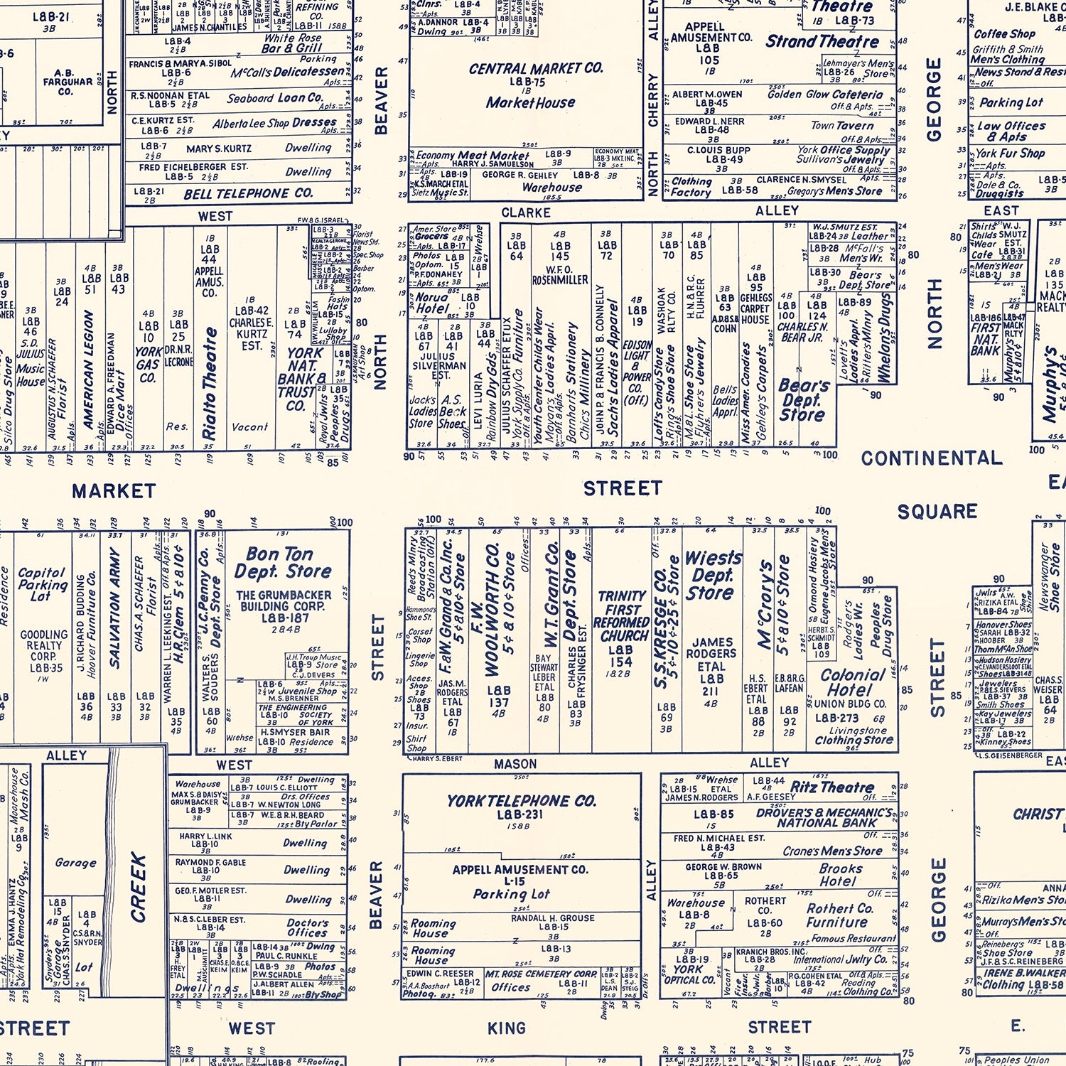 Restored historic details from the 1950 city map of York, Pennsylvania
