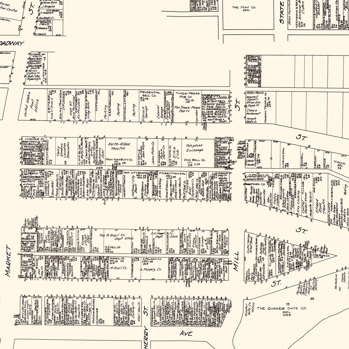 Restored historic details from the 1929 city map of Akron, Ohio