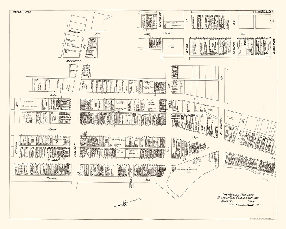 Vintage Map of Akron, OH Business Section 1929 print style example