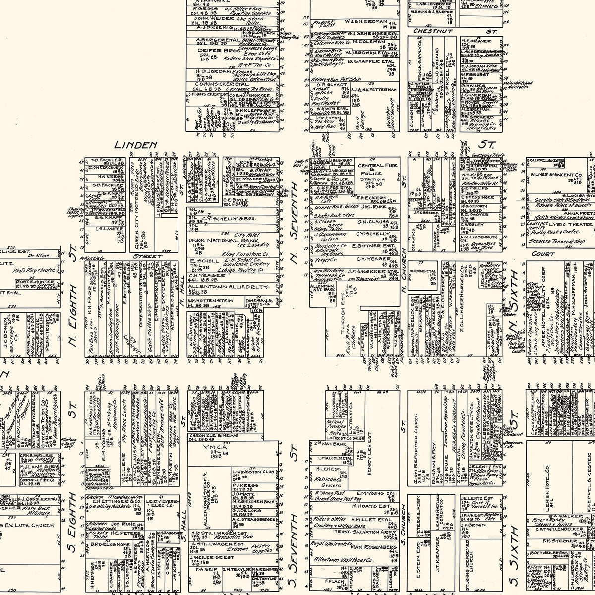 Restored historic details from the 1929 city map of Allentown, Pennsylvania