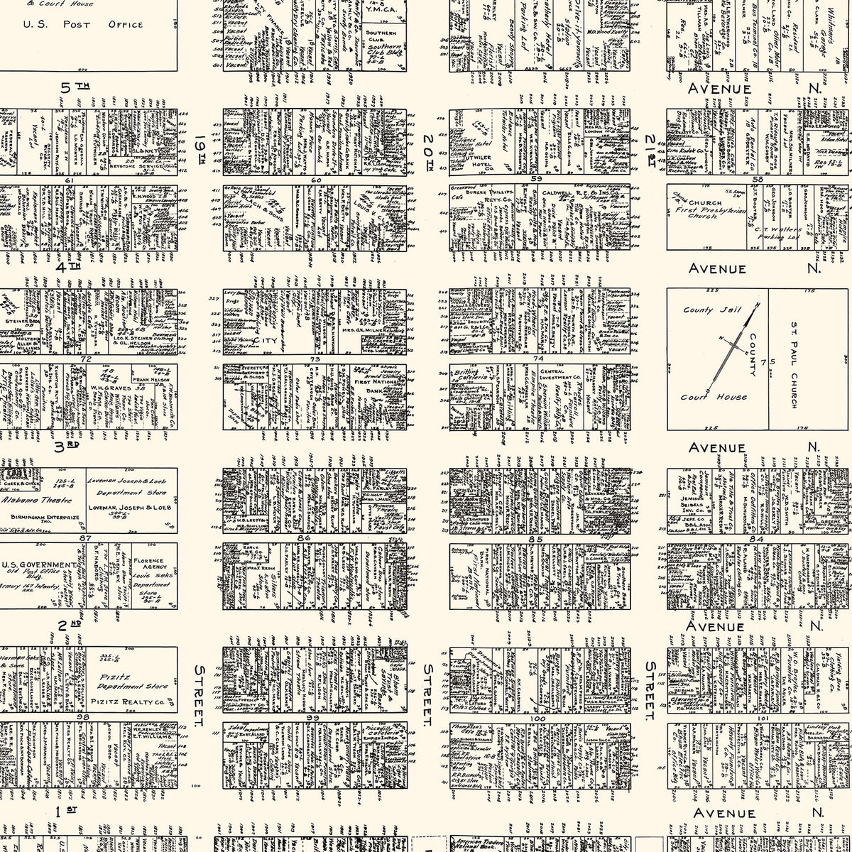 Restored historic details from the 1929 city map of Birmingham, Alabama