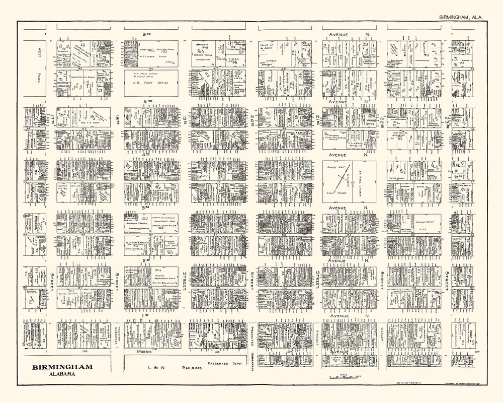 Vintage Map of Birmingham, AL Business Section 1929 print style example