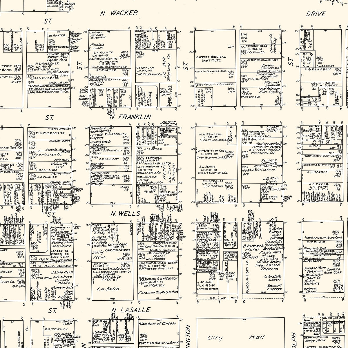 Restored historic details from the 1929 city map of Chicago, Illinois