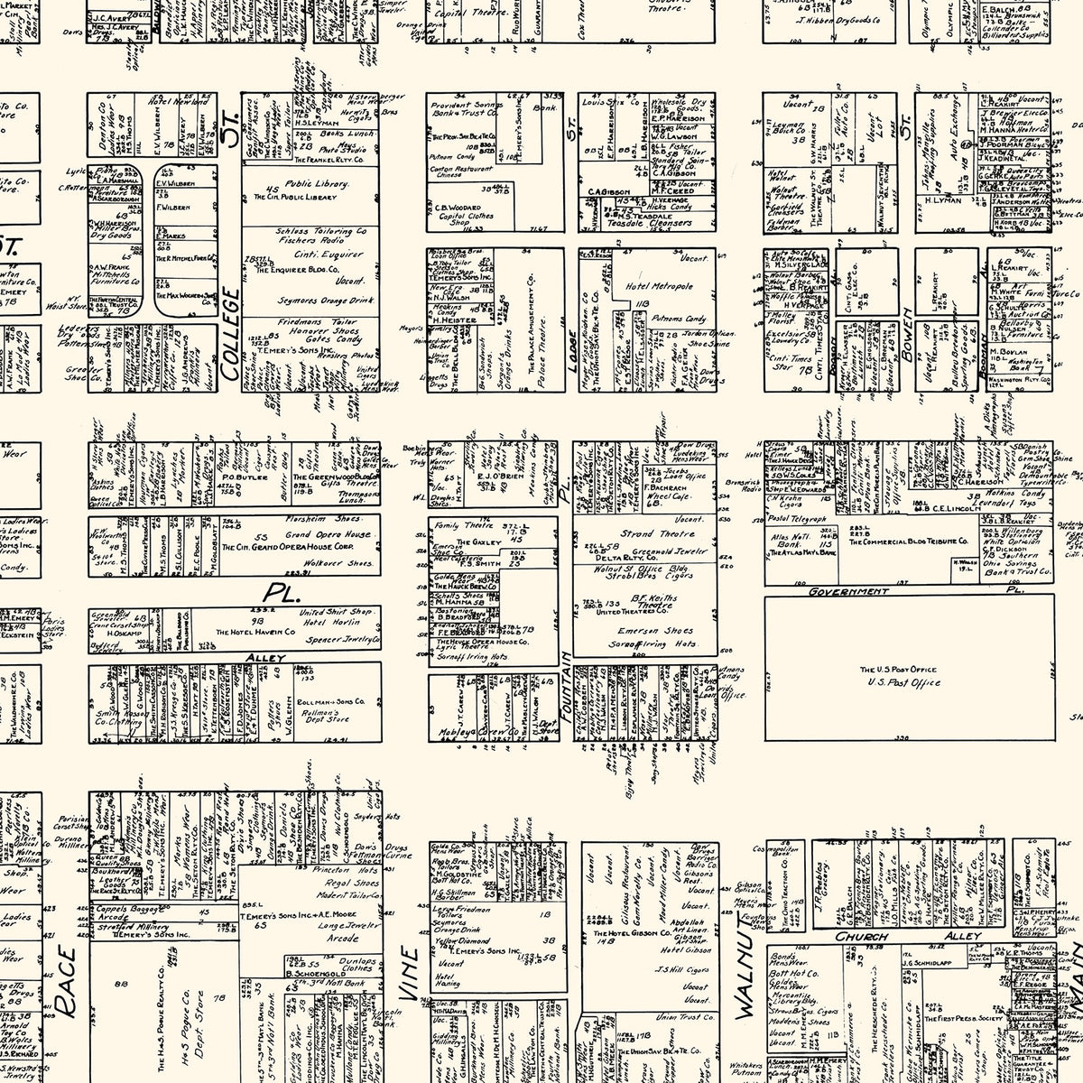 Restored historic details from the 1929 city map of Cincinnati, Ohio