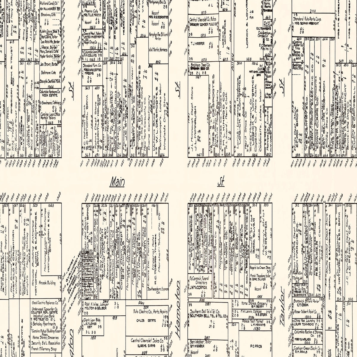 Restored historic details from the 1929 city map of Columbia, South Carolina