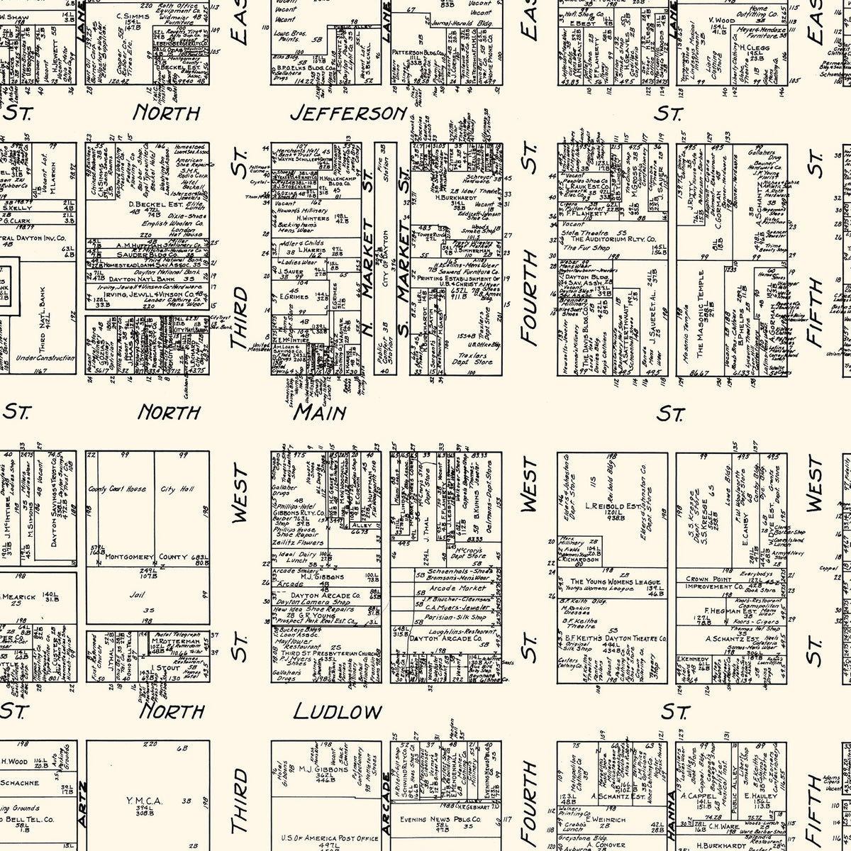 Restored historic details from the 1929 city map of Dayton, Ohio