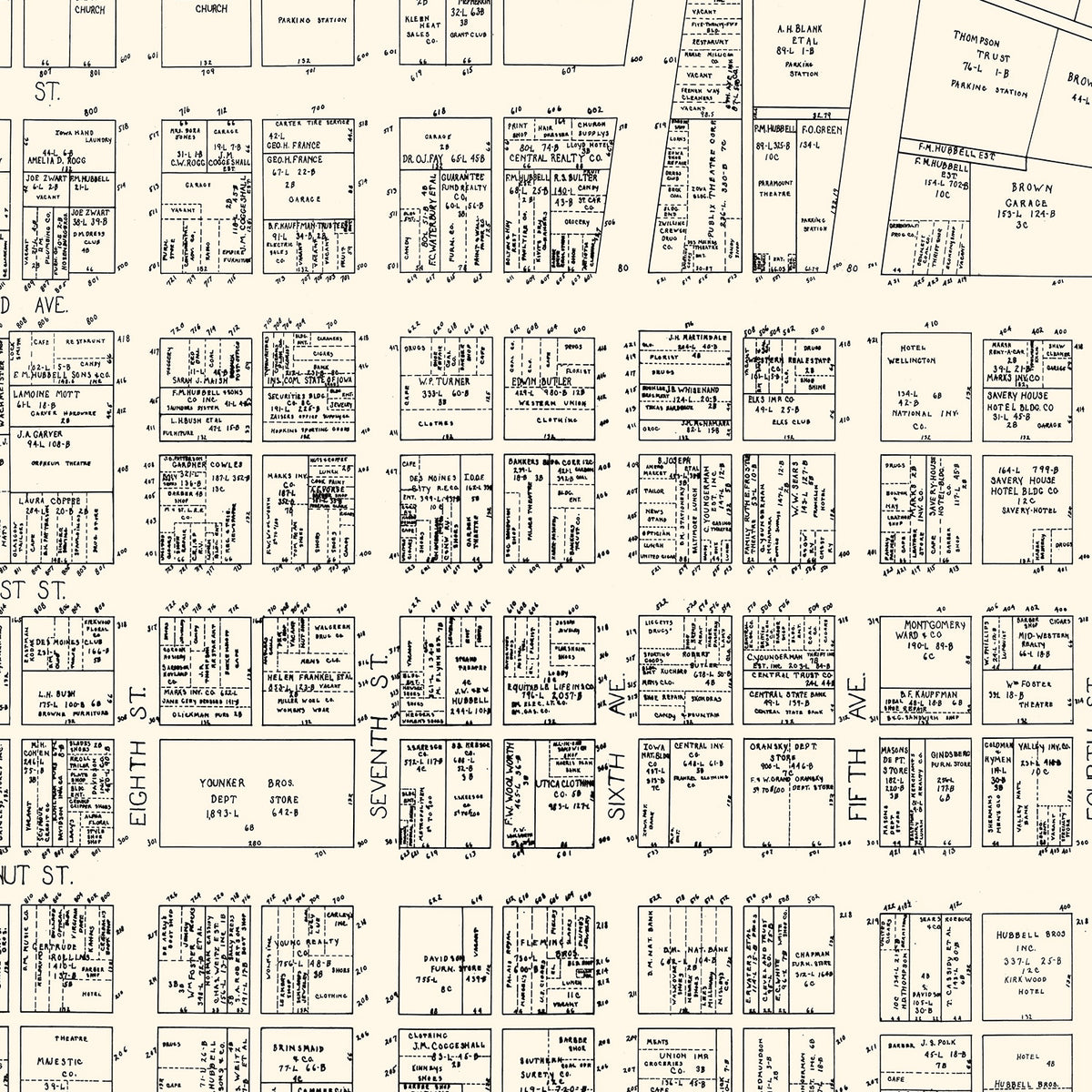 Restored historic details from the 1929 city map of Des Moines, Iowa