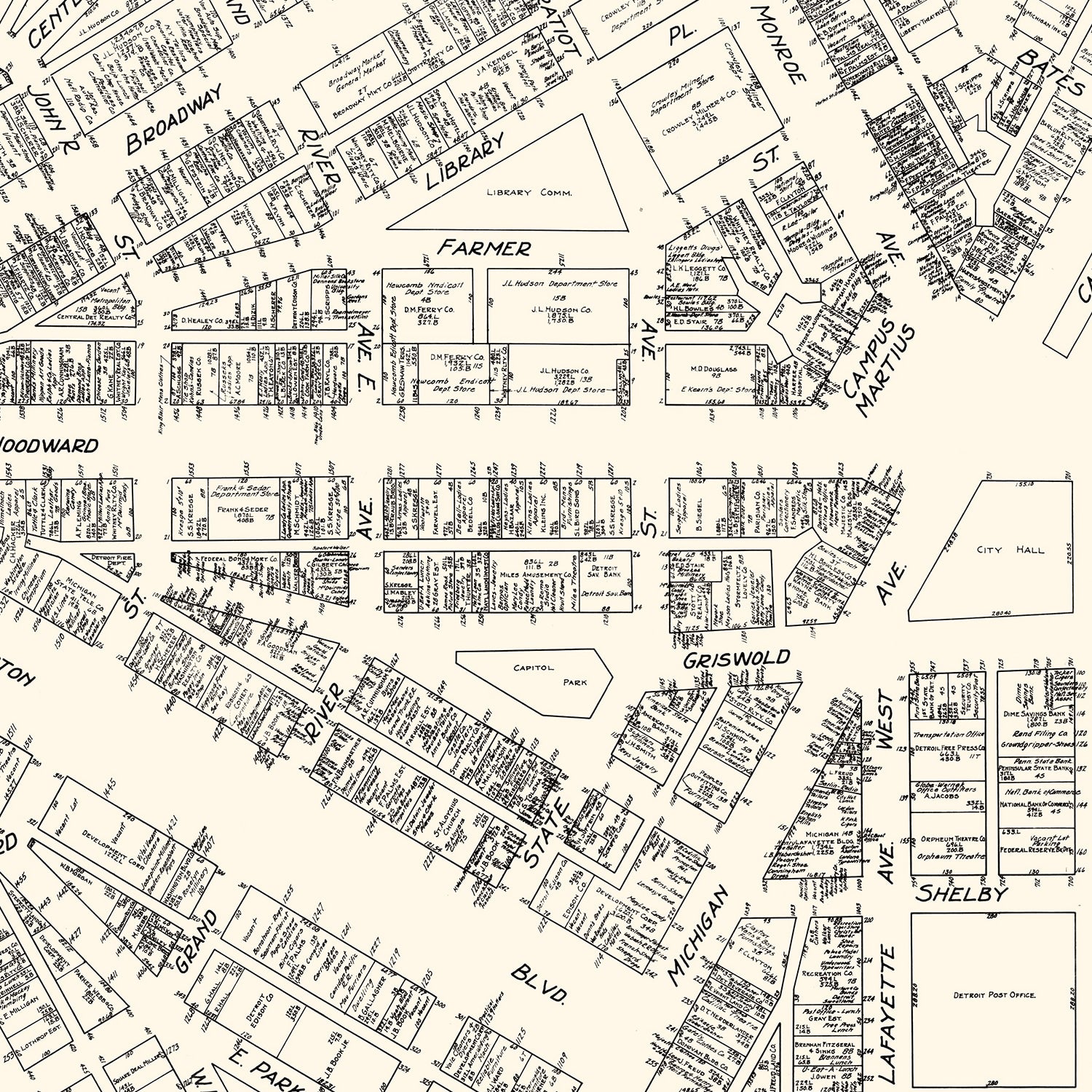Restored historic details from the 1929 city map of Detroit, Michigan