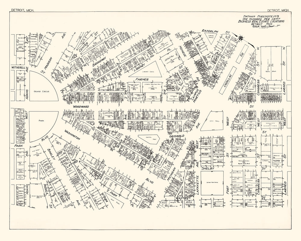 Vintage Map of Detroit, MI Business Section 1929 print style example