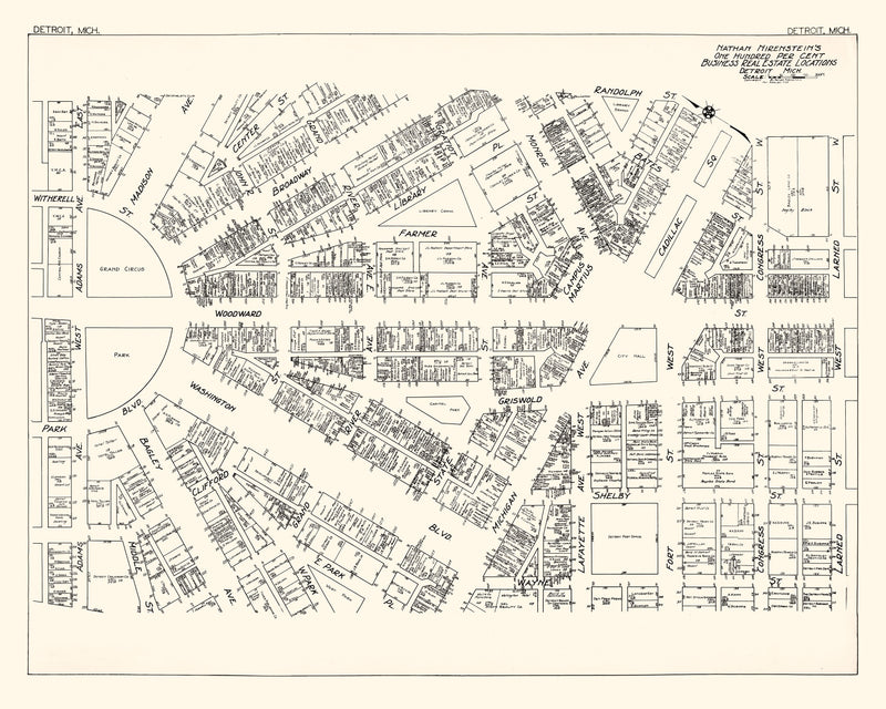 Size comparison using Vintage Map of Detroit, MI Business Section 1929