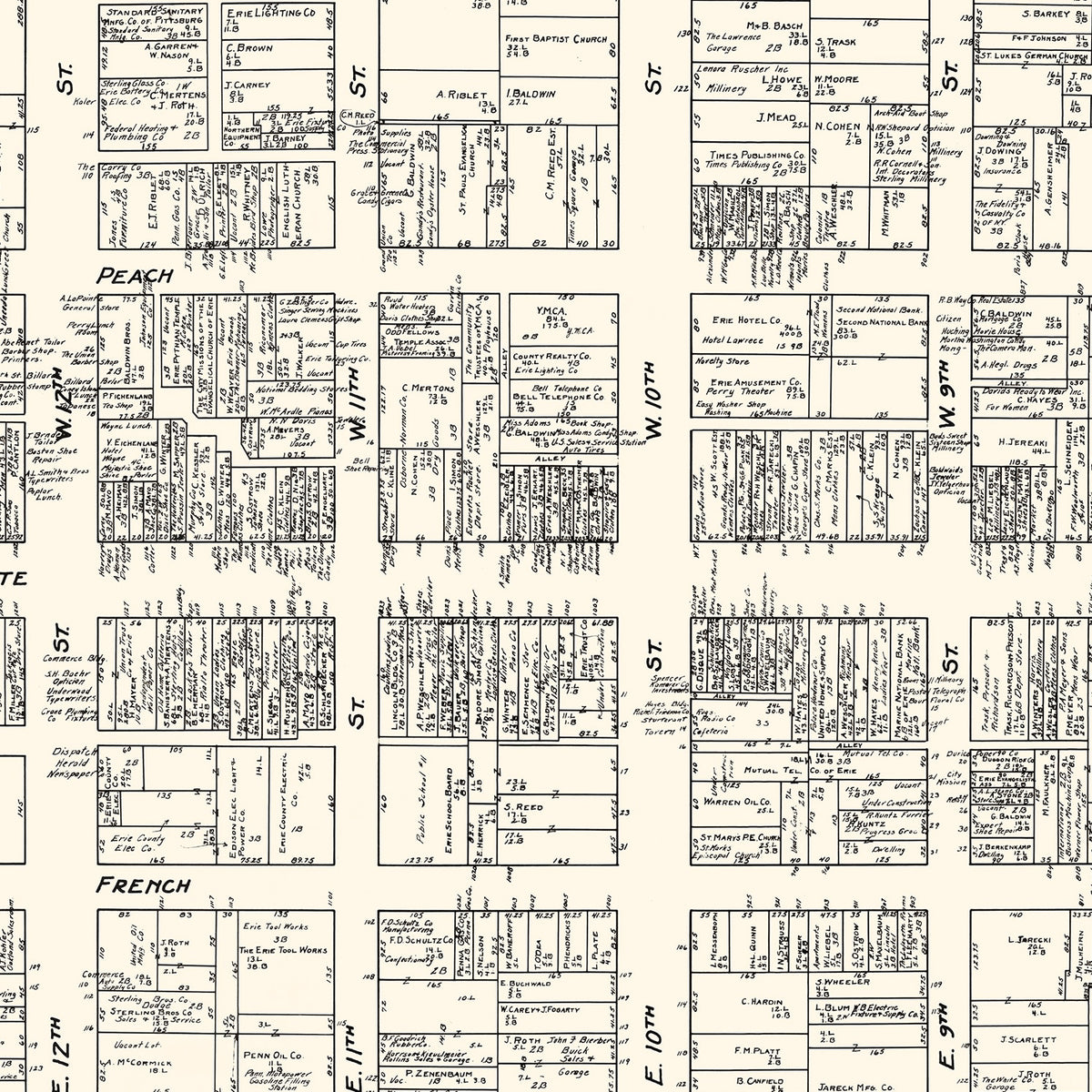 Restored historic details from the 1929 city map of Erie, Pennsylvania