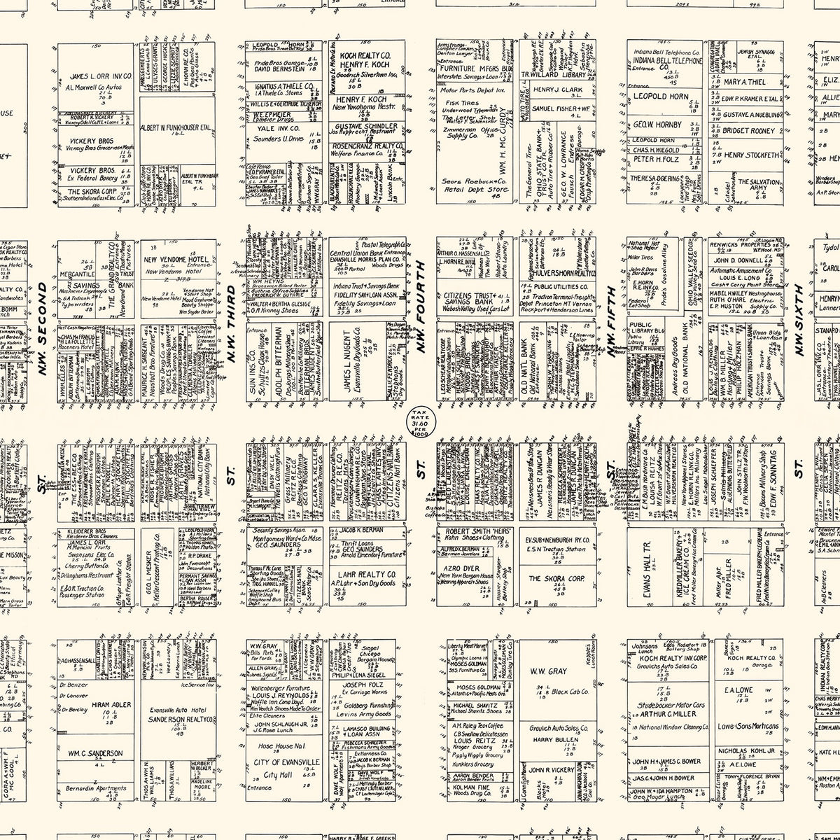 Restored historic details from the 1929 city map of Evansville, Indiana