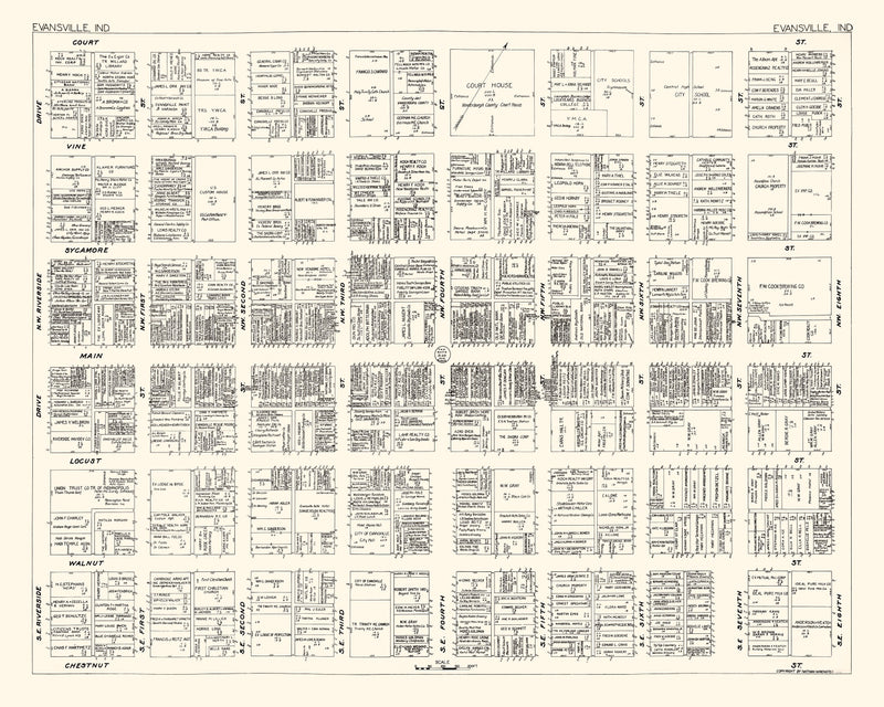 Size comparison using Vintage Map of Evansville, IN Business Section 1929