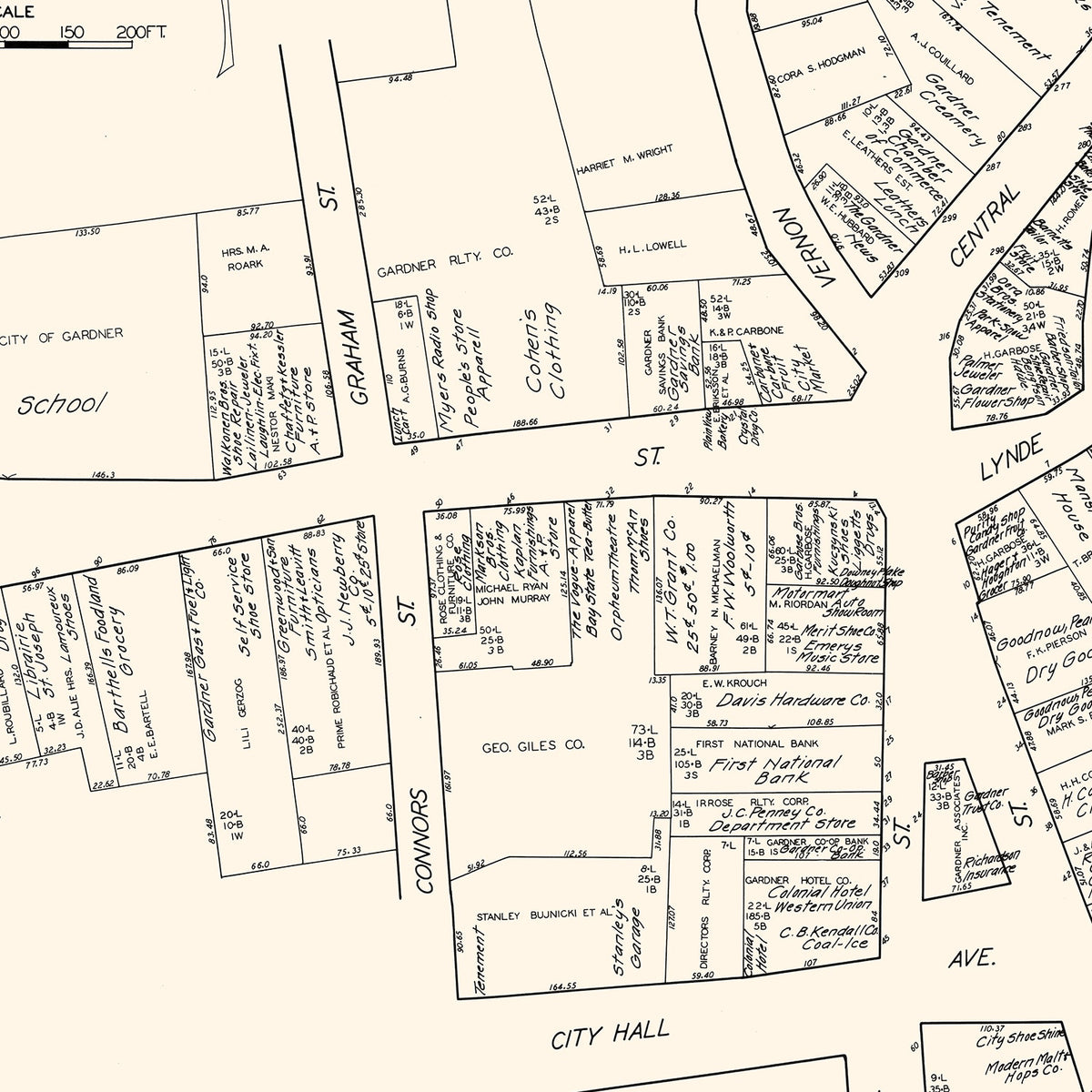 Restored historic details from the 1929 city map of Gardner, Massachusetts