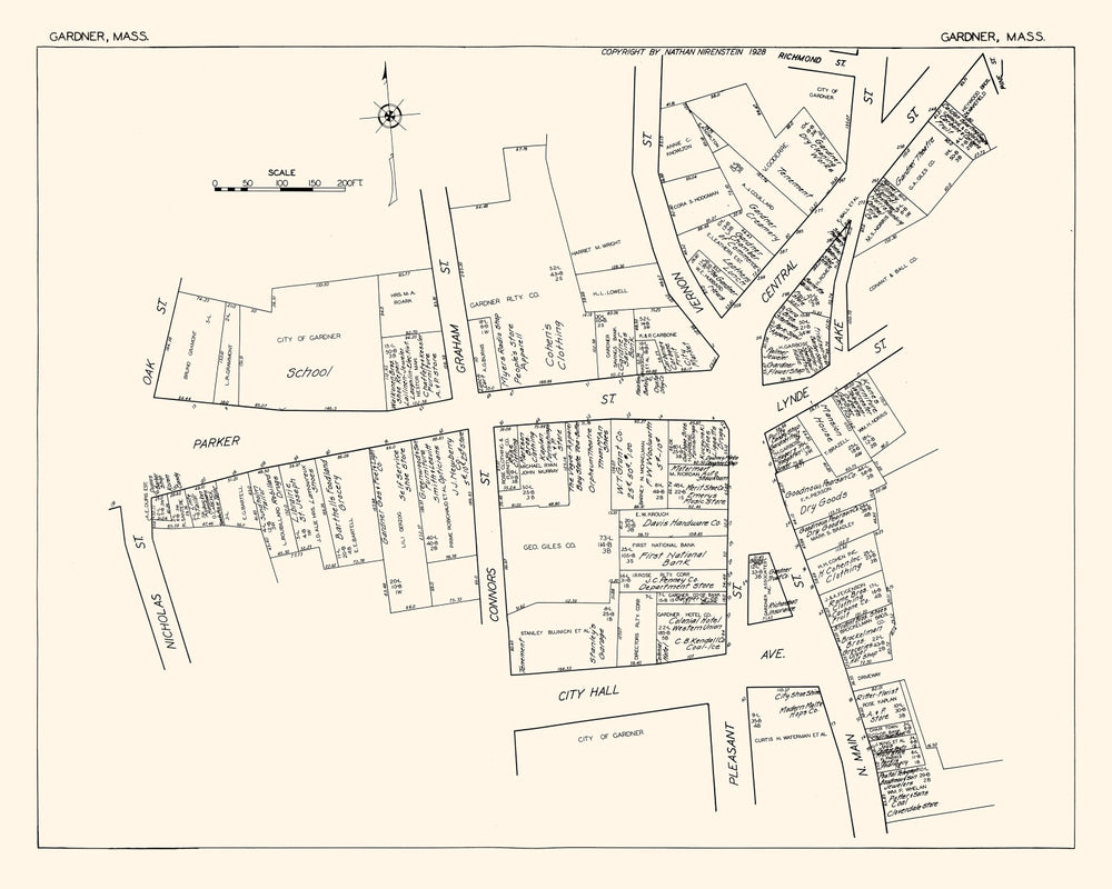 Vintage Map of Gardner, MA Business Section 1929 print style example