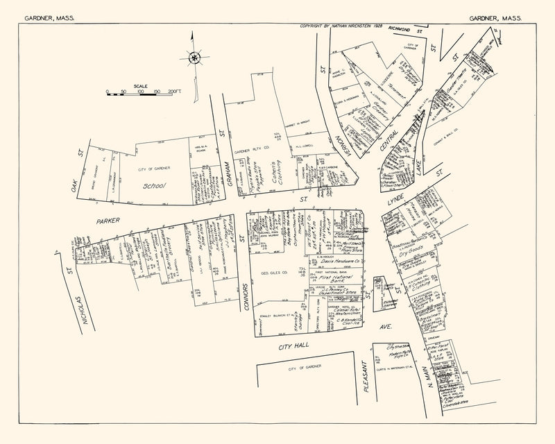 Size comparison using Vintage Map of Gardner, MA Business Section 1929
