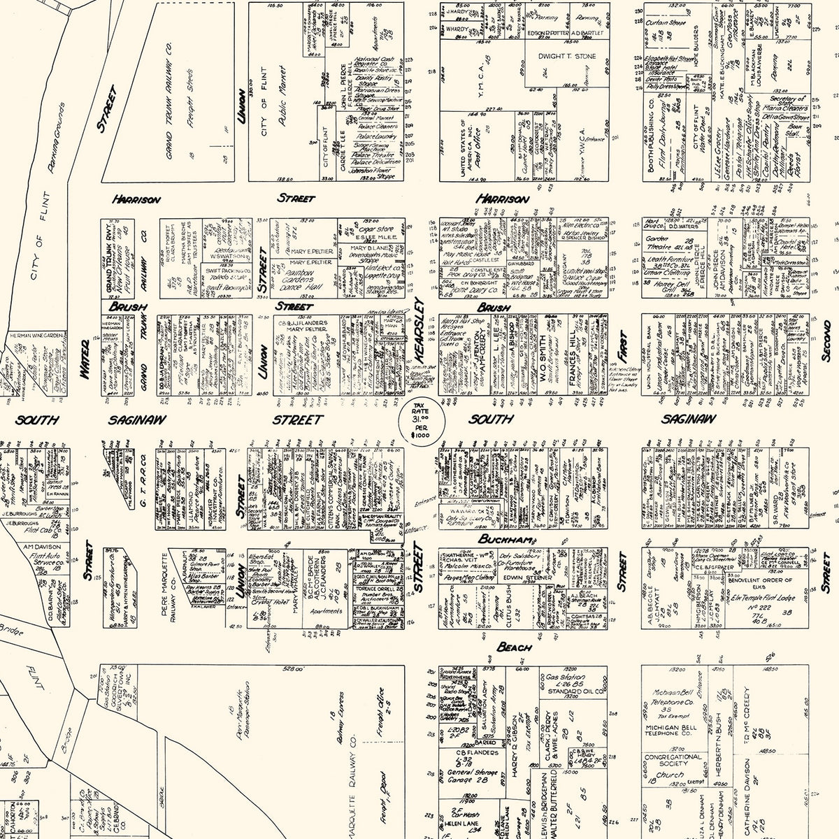 Restored historic details from the 1929 city map of Flint, Michigan