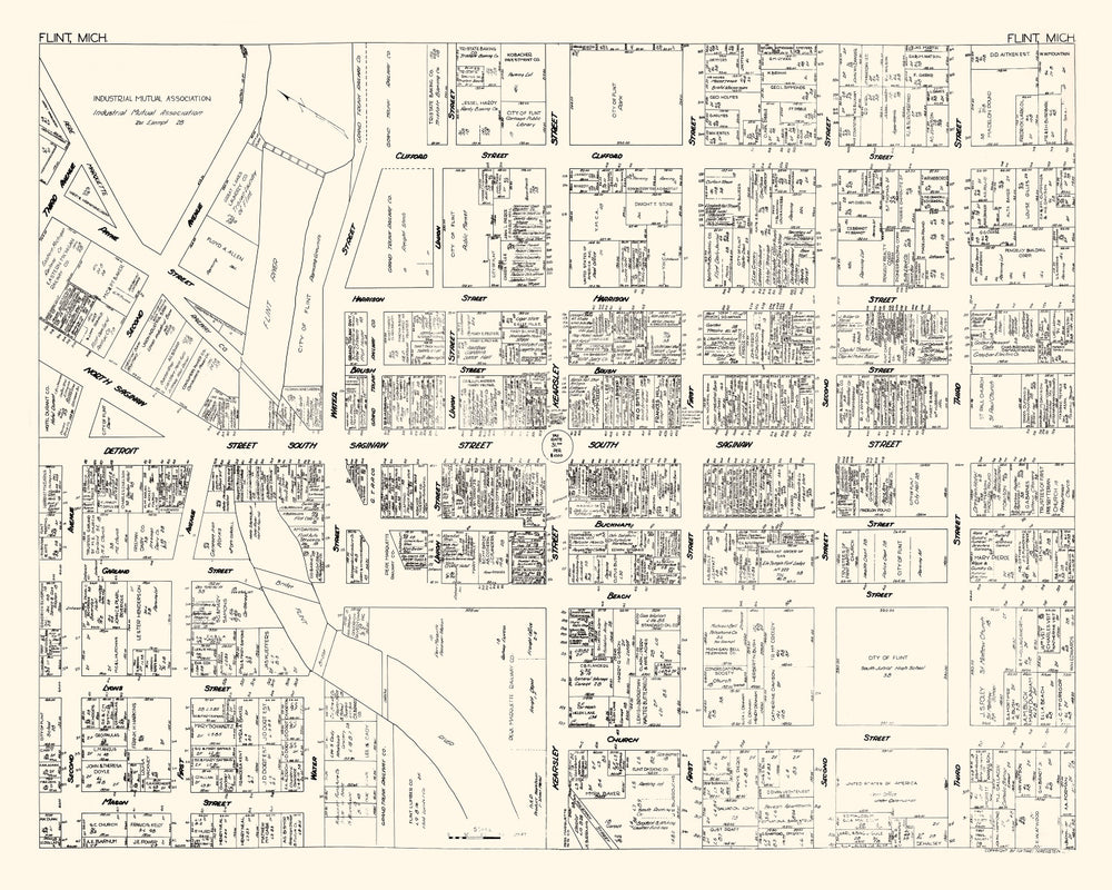 Vintage Map of Flint, MI Business Section 1929 print style example
