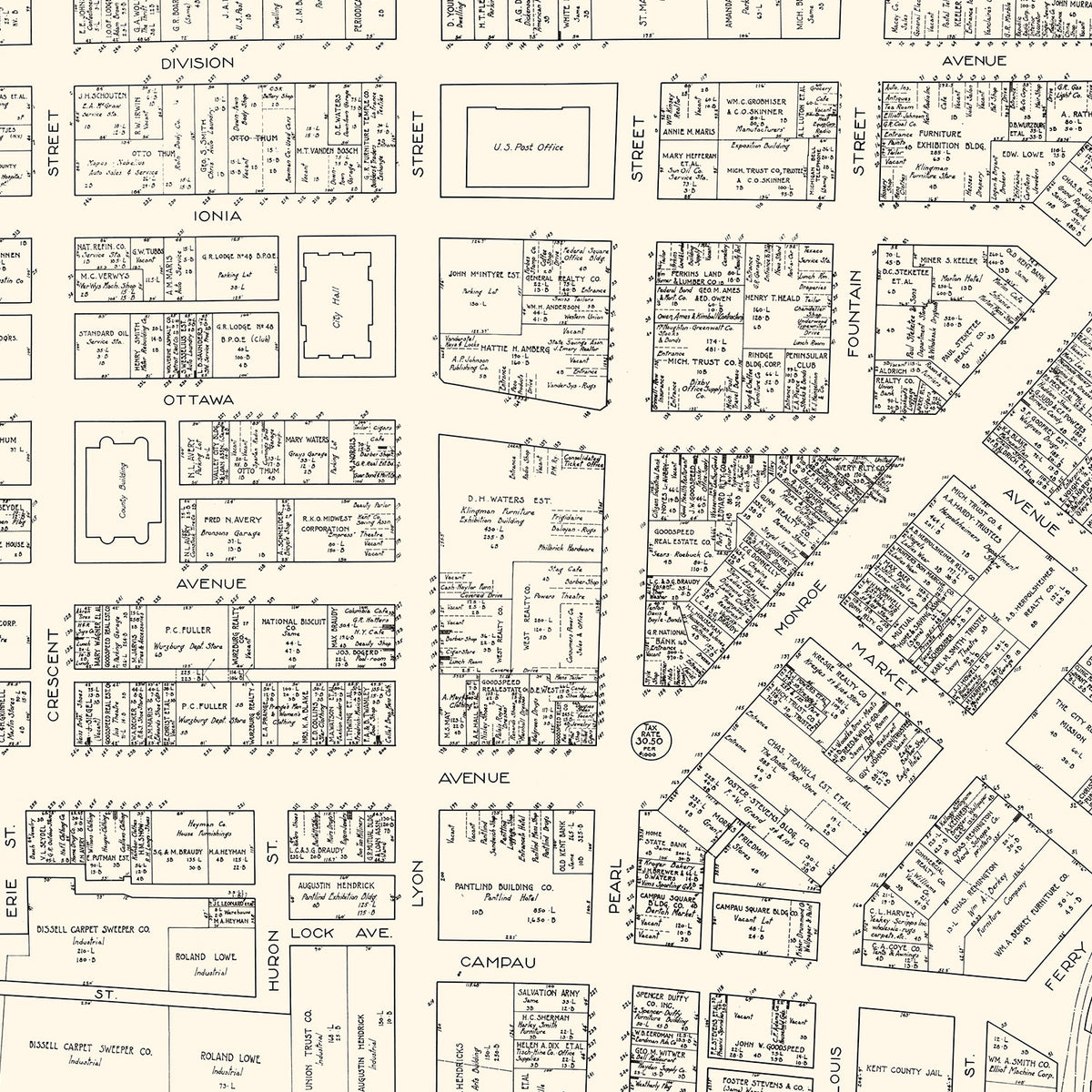 Restored historic details from the 1929 city map of Grand Rapids, Michigan