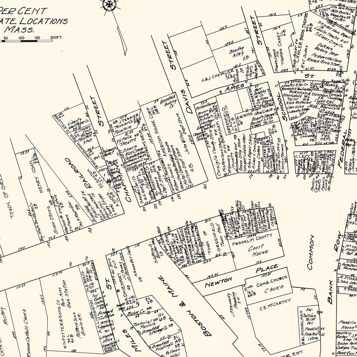 Restored historic details from the 1929 city map of Greenfield, Massachusetts