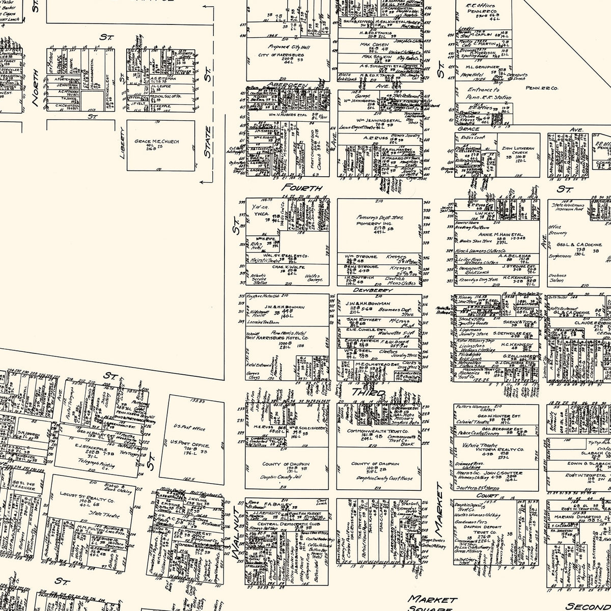 Restored historic details from the 1929 city map of Harrisburg, Pennsylvania
