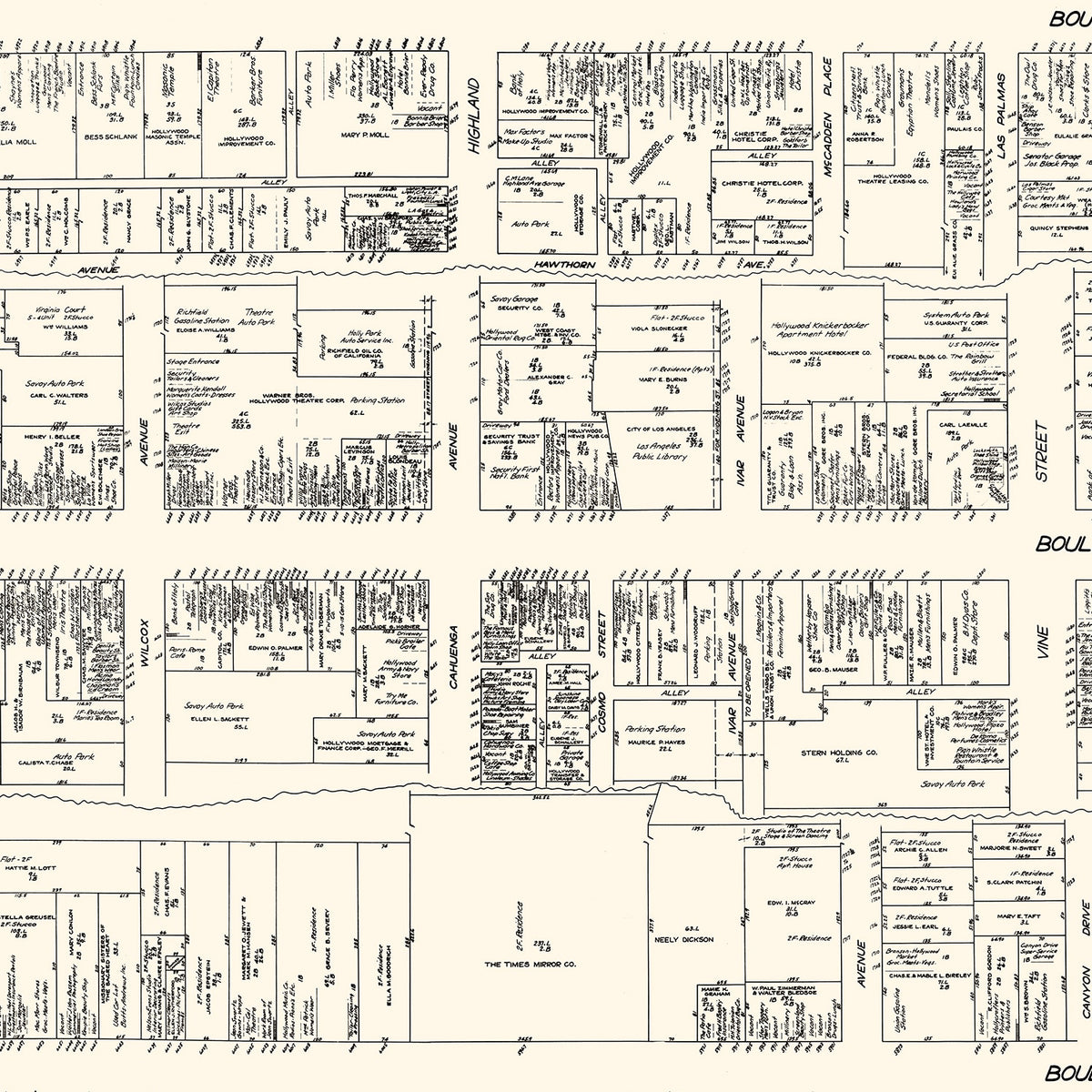 Restored historic details from the 1929 city map of Hollywood, California