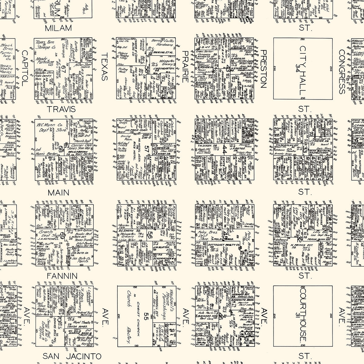 Restored historic details from the 1929 city map of Houston, Texas