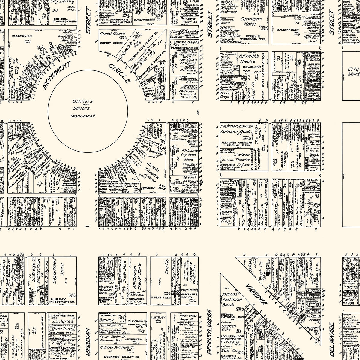 Restored historic details from the 1929 city map of Indianapolis, Indiana