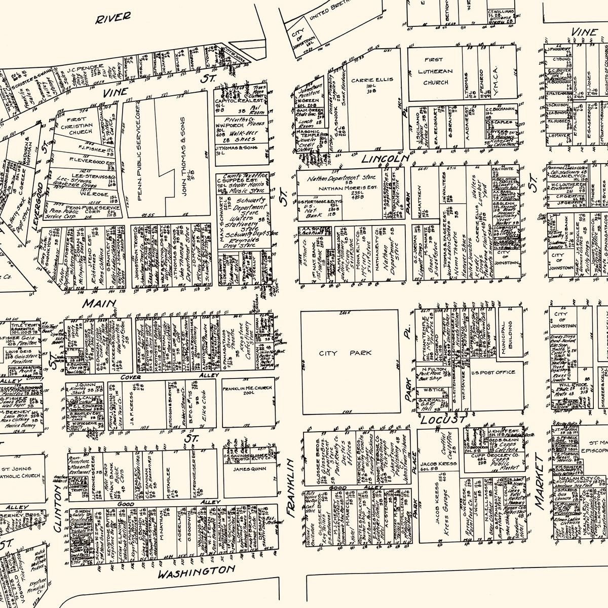 Restored historic details from the 1929 city map of Johnstown, Pennsylvania