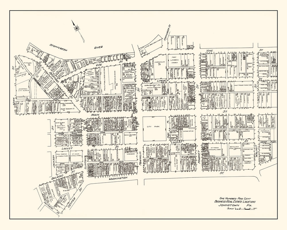 Vintage Map of Johnstown, PA Business Section 1929 print style example
