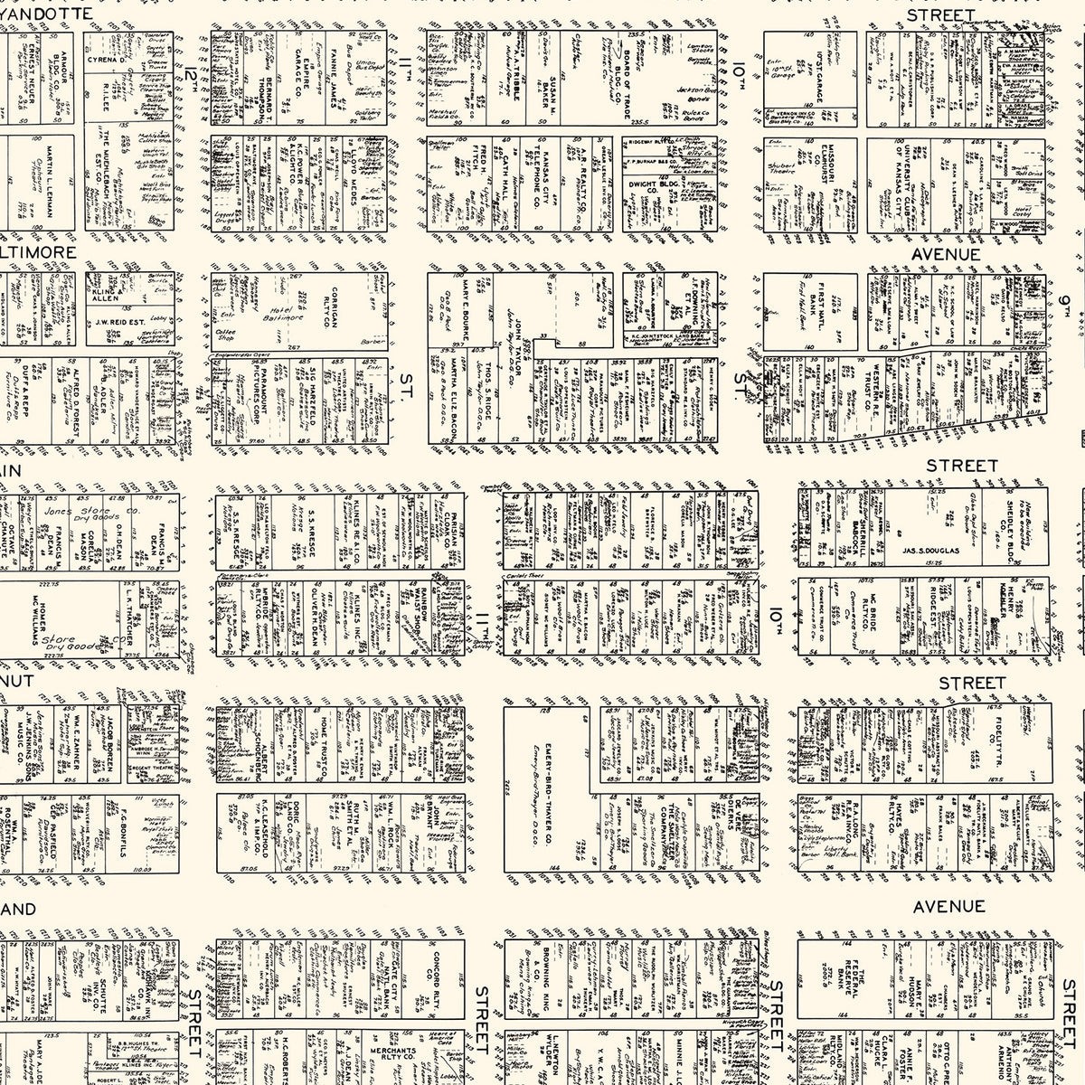 Restored historic details from the 1929 city map of Kansas City, Missouri