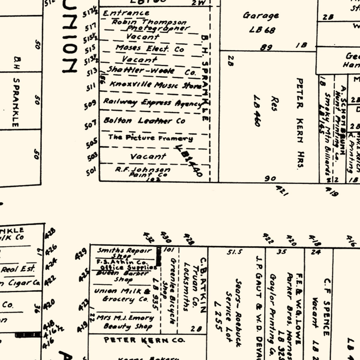 Restored historic details from the 1929 city map of Knoxville, Tennessee