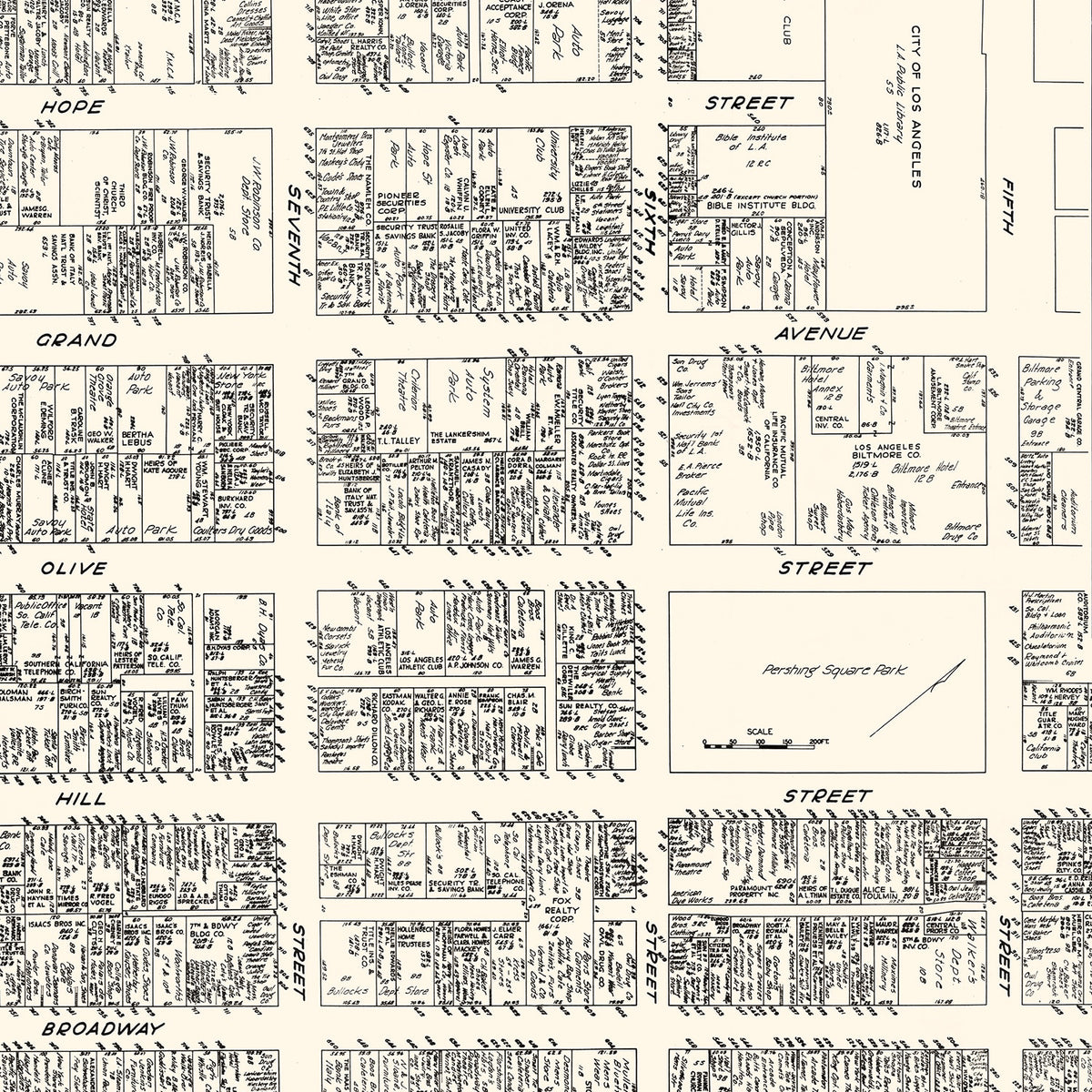 Restored historic details from the 1929 city map of Los Angeles, California